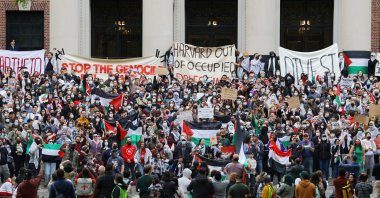 Demonstrators take part in an &quot;Emergency Rally: Stand with Palestinians Under Siege in Gaza,&quot; at Harvard University in Cambridge, Massachusetts, U.S., Oct. 14, 2023. (Reuters Photo)