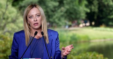 Italian Prime Minister Giorgia Meloni and Polish Prime Minister Mateusz Morawiecki (not pictured) hold a joint press conference in Warsaw, Poland, July 5, 2023. (Reuters Photo)