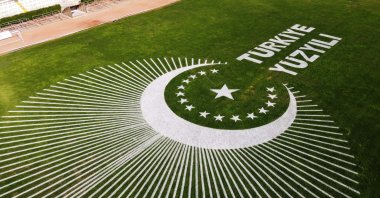"Century of Türkiye" is written on the lawn at the Muğla Atatürk Stadium, Muğla, southern Türkiye, Oct. 10, 2023 (AA Photo)