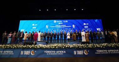 President Recep Tayyip Erdoğan and Turkish and African officials are seen on stage during the 4th Türkiye-Africa Business and Economic Forum, Istanbul, Türkiye, Oct. 13, 2023. (AA Photo)