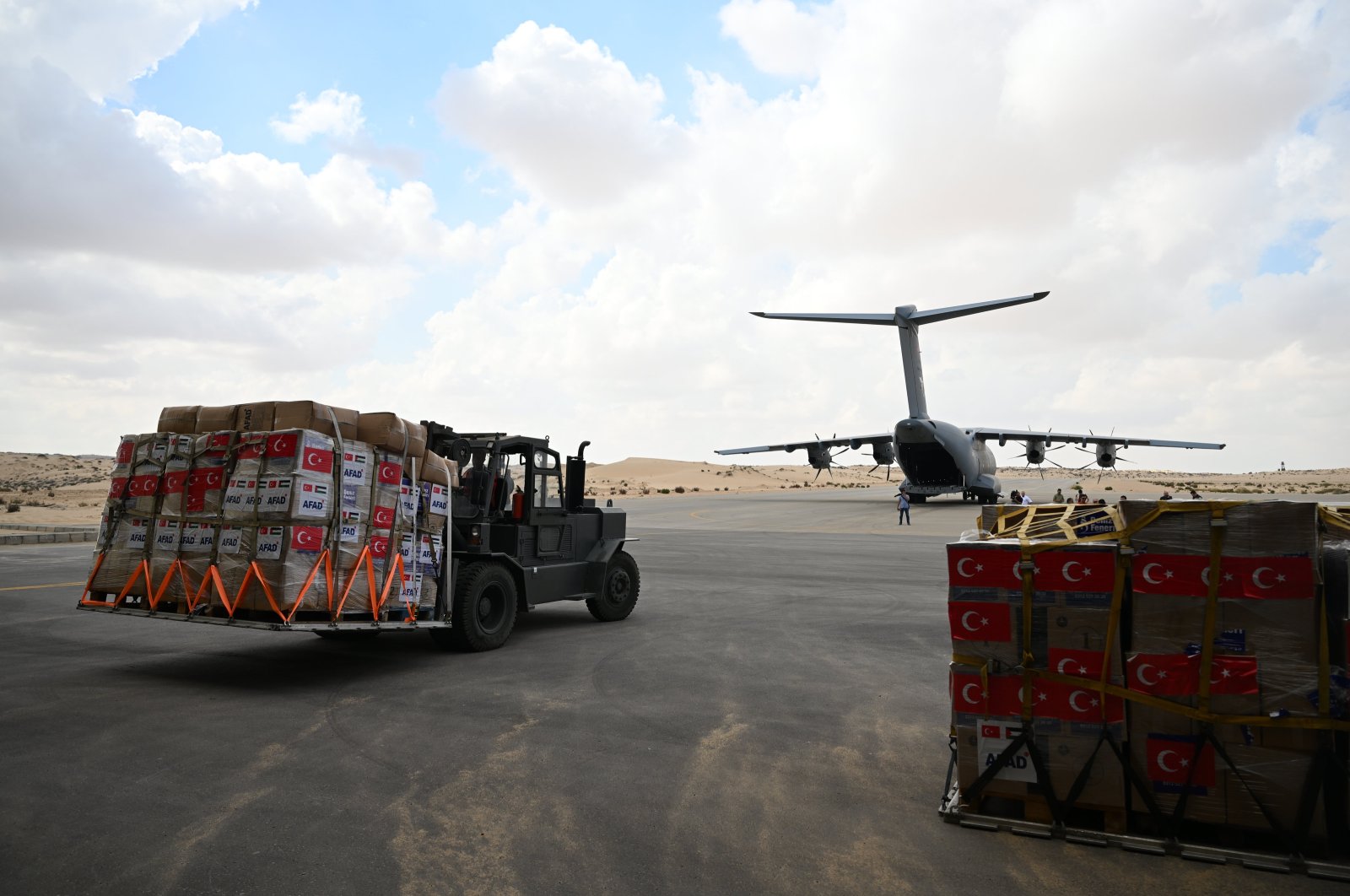 Aid materials loaded into a third plane carrying aid for Gaza in cooperation with the Ministry of National Defense, the Turkish Red Crescent and the Disaster and Emergency Management Authority (AFAD), Ankara, Türkiye, Oct. 14, 2023. (AA Photo)