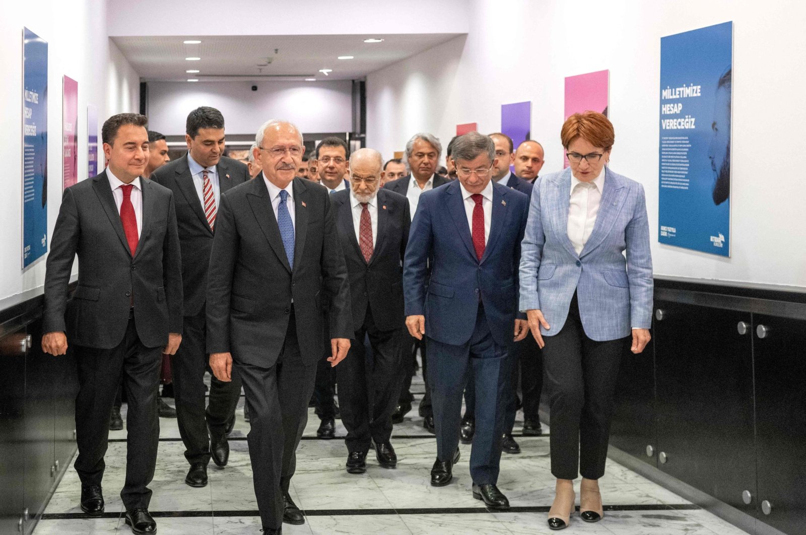 Kemal Kılıçdaroğlu (C), the 74-year-old leader of the Republican People&#039;s Party (CHP) arrives with Nation Alliance partners for a news conference in Ankara, Türkiye, May 15, 2023. (AFP Photo)