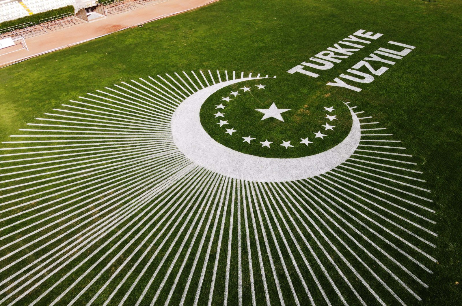 "Century of Türkiye" is written on the lawn at the Muğla Atatürk Stadium, Muğla, southern Türkiye, Oct. 10, 2023 (AA Photo)