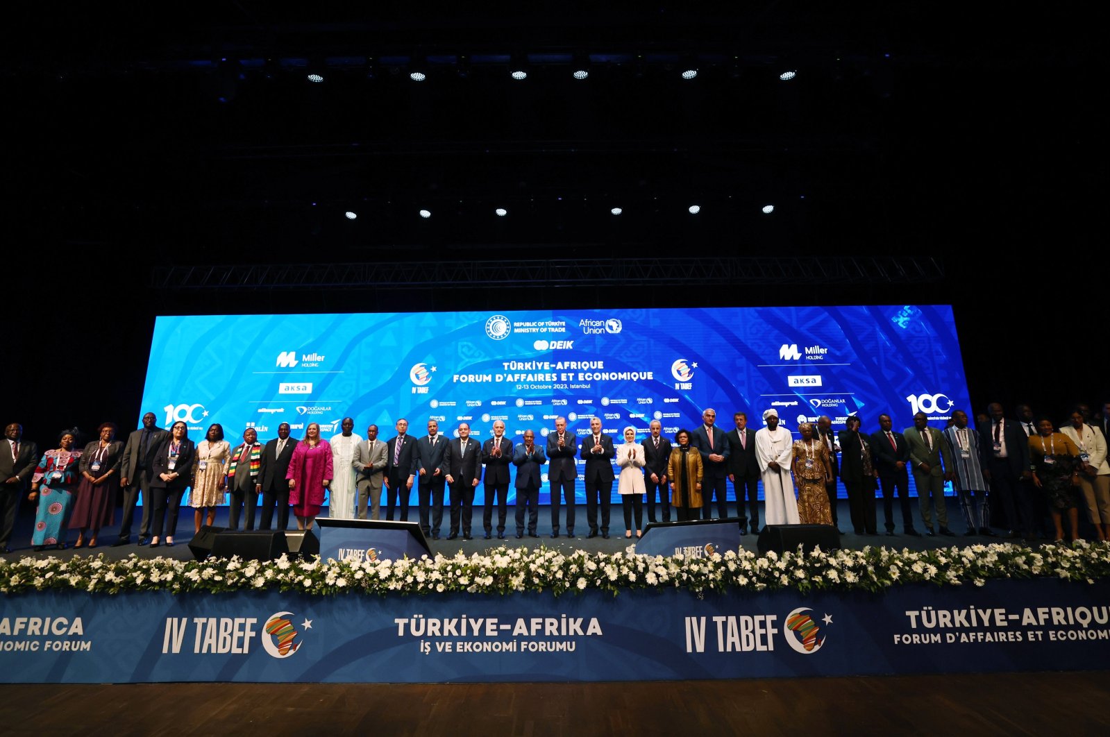 President Recep Tayyip Erdoğan and Turkish and African officials are seen on stage during the 4th Türkiye-Africa Business and Economic Forum, Istanbul, Türkiye, Oct. 13, 2023. (AA Photo)