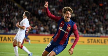 Barcelona's Spanish forward Marc Guiu celebrates after scoring his team's first goal in a Spanish league match between FC Barcelona and Athletic Club Bilbao, Estadi Olimpic Lluis Companys, Barcelona, Spain, Oct. 22, 2023. (AFP Photo)