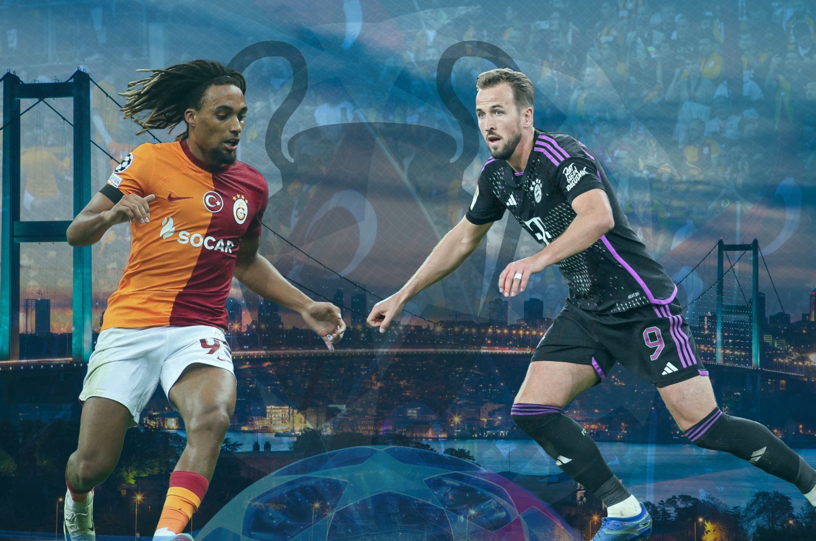 An illustration shows Galatasaray’s Sacha Boey (L) and Bayern Munich’s Harry Kane. (Illustration by Kelvin Ndunga)