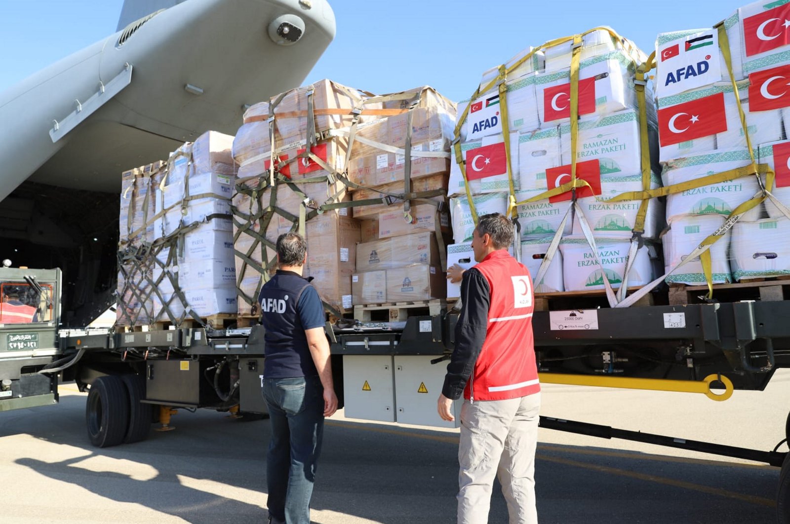 This file photo shows a Turkish military aircraft being loaded with aid for Gaza, Ankara, Türkiye, Oct. 13, 2023. (AA Photo)
