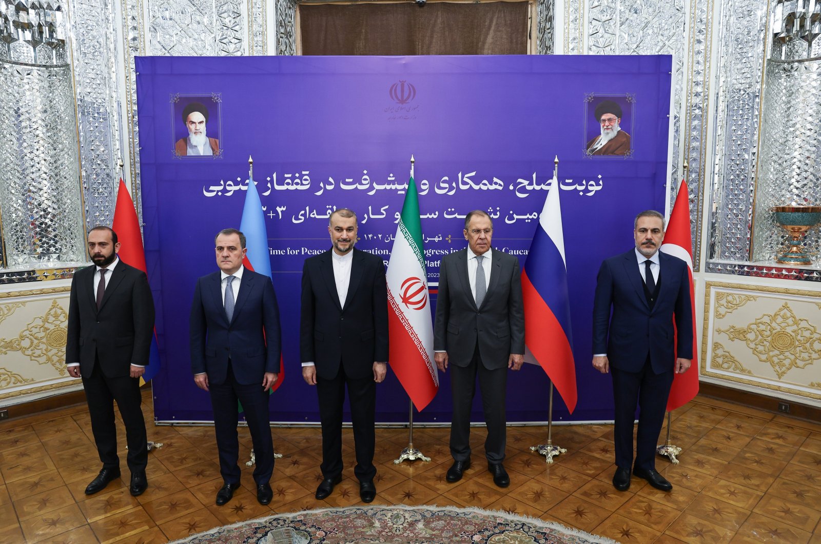 From right to left: Foreign Minister Hakan Fidan, Russian Foreign Minister Sergey Lavrov, Iranian Foreign Minister Hossein Amir-Abdollahian, Azerbaijan&#039;s Foreign Minister Jeyhun Bayramov, Armenian Foreign Minister Ararat Mirzoyan pose for a group photo, Iran, Oct. 23, 2023. (AA Photo)