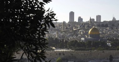 The Temple Mount, known to Muslims as the Noble Sanctuary, or the Al-Aqsa Mosque compound, is seen from the Mount of Olives in Jerusalem, Palestine, Oct. 21, 2023. (AP Photo)