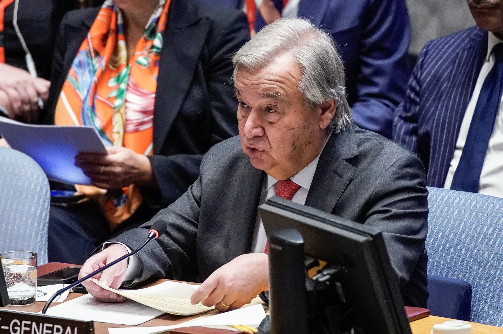 UN Secretary-General Antonio Guterres speaks to delegates during a United Nations Security Council meeting called to address the ongoing Israel-Palestinian conflict, in New York, Oct. 24, 2023. (EPA Photo)