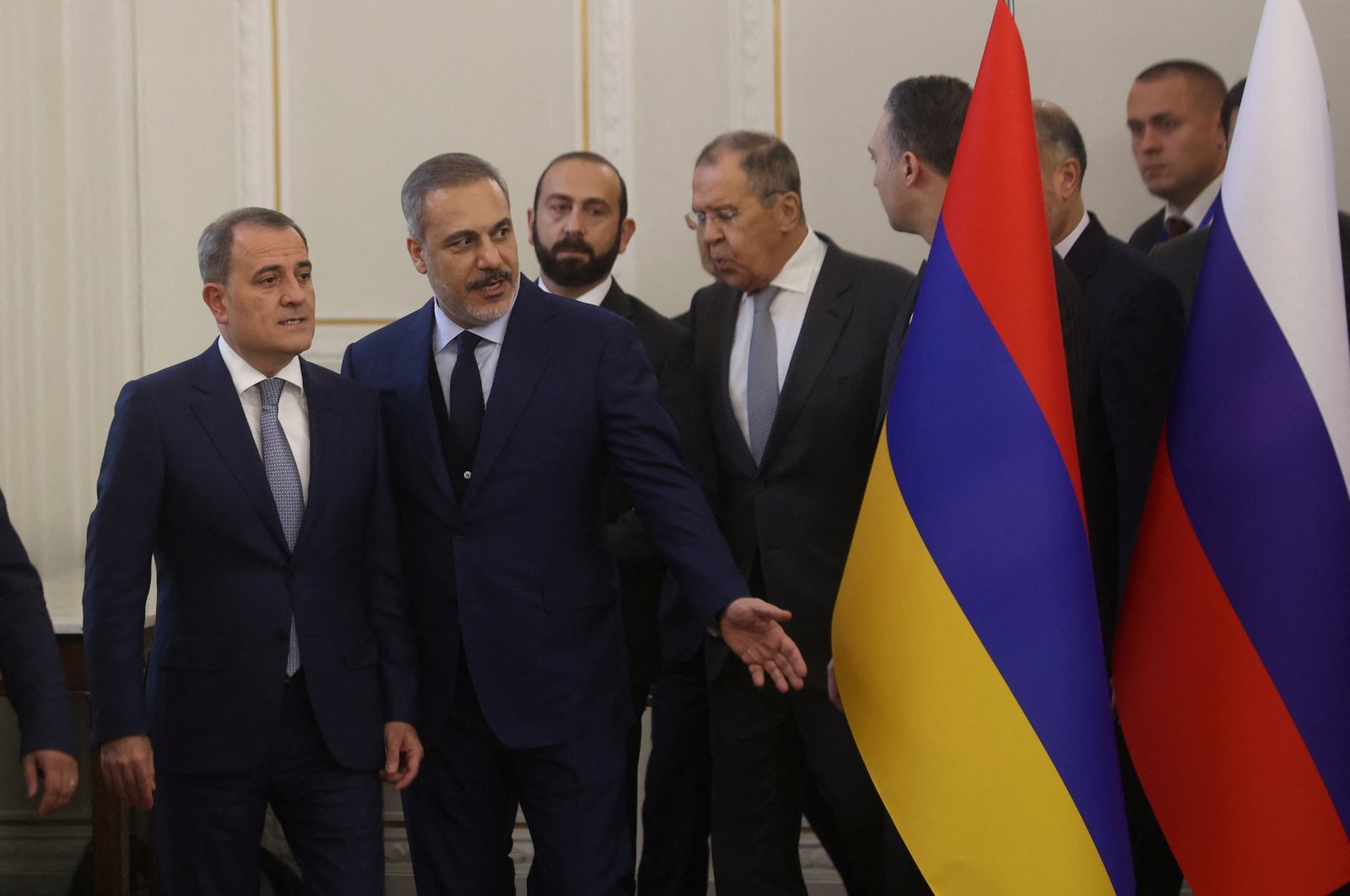 Turkish Foreign Minister Hakan Fidan, Azerbaijan&#039;s Foreign Minister Jeyhun Bayramov Hassen and Russia&#039;s Foreign Minister Sergei Lavrov attend the second 3 3 Regional platform summit in Tehran, Iran, Oct. 23, 2023. (West Asia News Agency via Reuters)