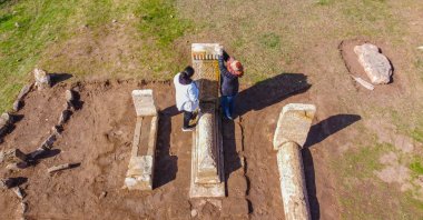 Eight sanduka, a type of sarcophagi placed over the original graves of distinguished people in the Turkish-Islamic tradition were discovered in the Gevaş Seljuk Cemetery, Van, Türkiye, Oct. 23, 2023. (AA Photo)