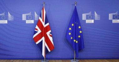 EU and British flags are seen during talks related to Brexit negotiations at the European Commission headquarters, Brussels, Belgium, Jan. 24, 2022. (Reuters File Photo)