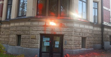 The Turkish Embassy building vandalized in an attack, in Helsinki, Finland, Oct. 25, 2023. (AA Photo)