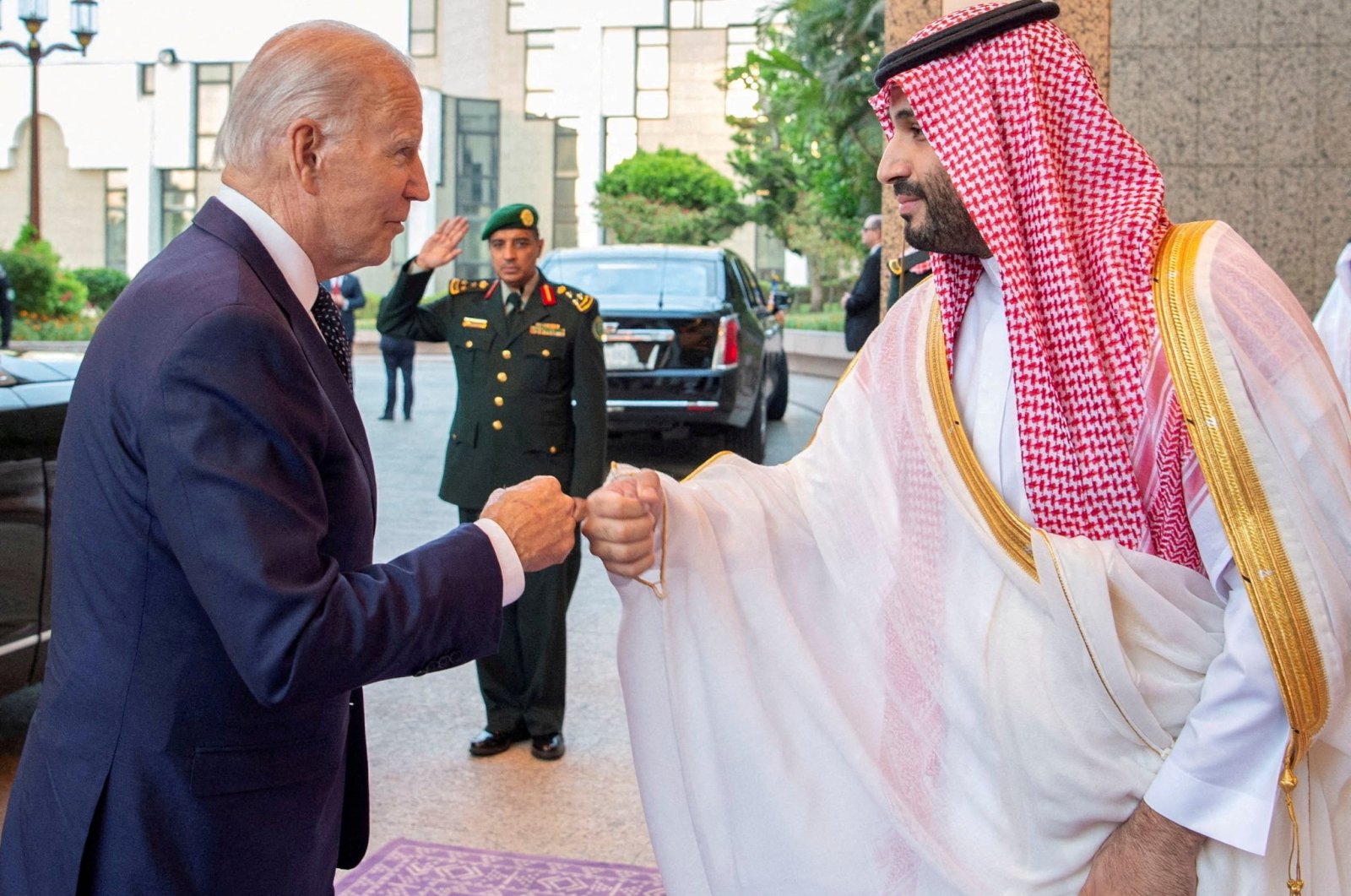 Saudi Crown Prince Mohammed bin Salman fist bumps U.S. President Joe Biden upon his arrival at Al Salman Palace, in Jeddah, Saudi Arabia, July 15, 2022. (Reuters Photo)