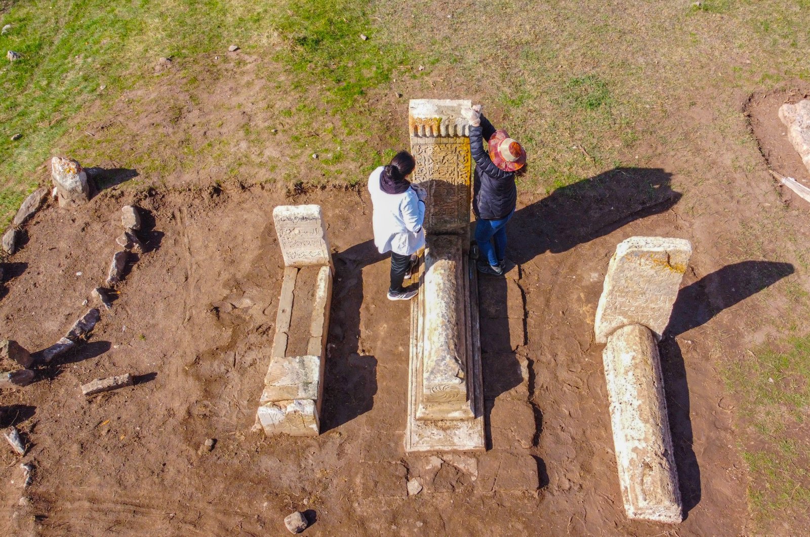 Eight sanduka, a type of sarcophagi placed over the original graves of distinguished people in the Turkish-Islamic tradition were discovered in the Gevaş Seljuk Cemetery, Van, Türkiye, Oct. 23, 2023. (AA Photo)