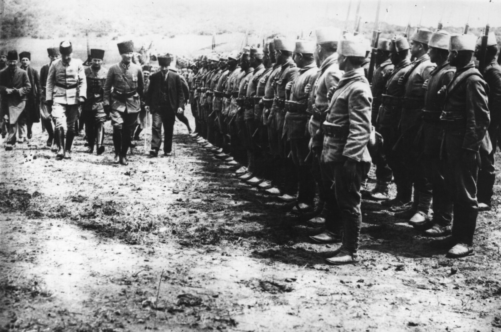 Turkish general and statesman Mustafa Kemal Atatürk reviews his troops during the War of Independence against Greece. (Getty Images Photo)