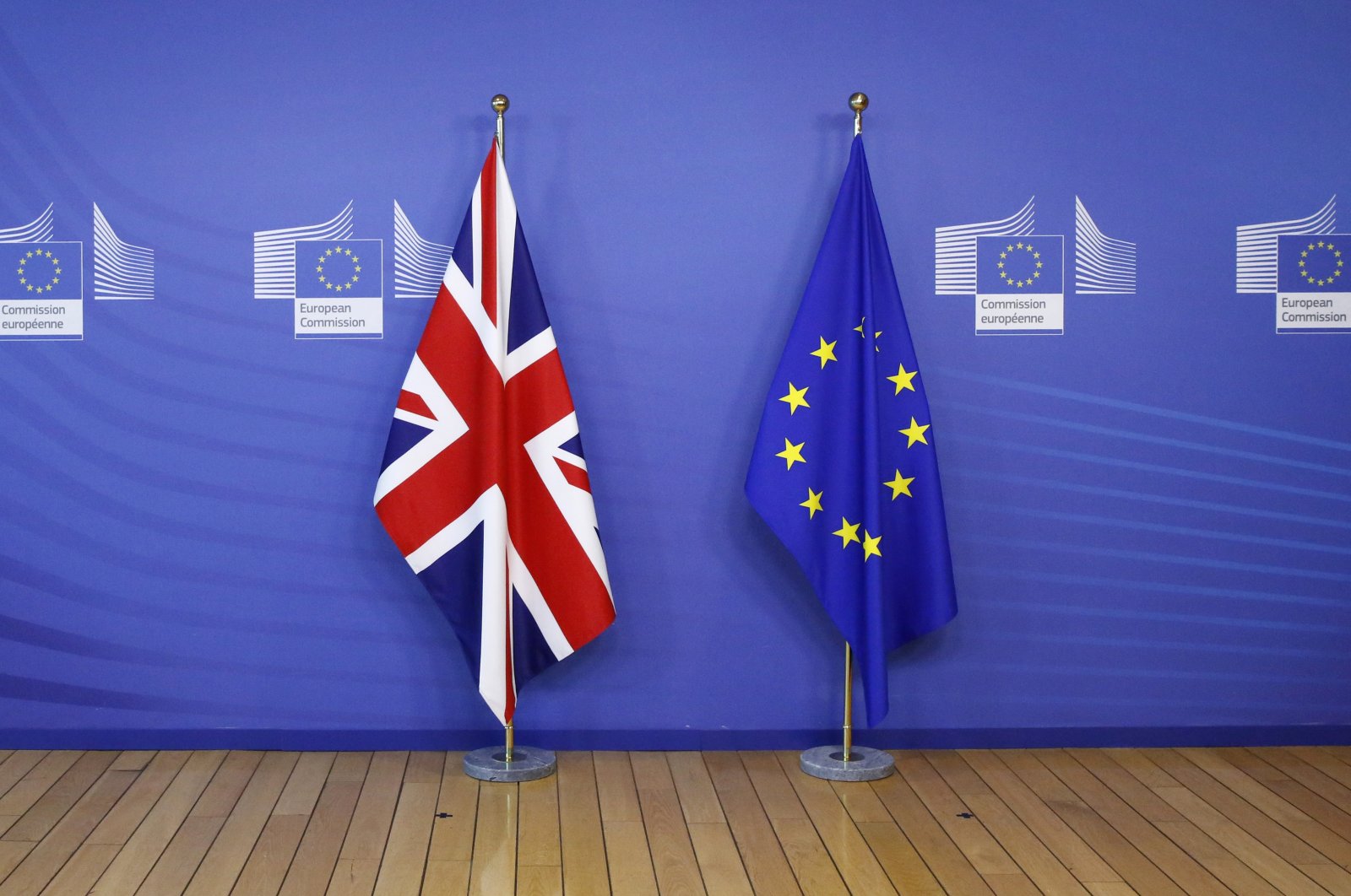 EU and British flags are seen during talks related to Brexit negotiations at the European Commission headquarters, Brussels, Belgium, Jan. 24, 2022. (Reuters File Photo)