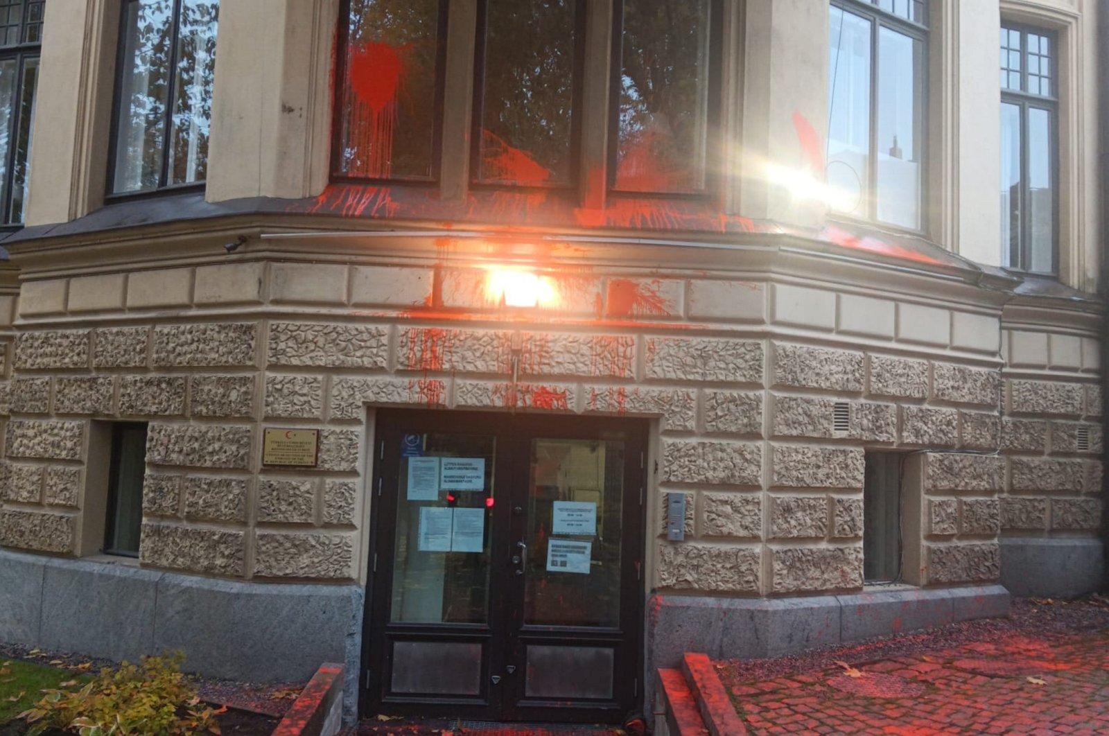 The Turkish Embassy building vandalized in an attack, in Helsinki, Finland, Oct. 25, 2023. (AA Photo)