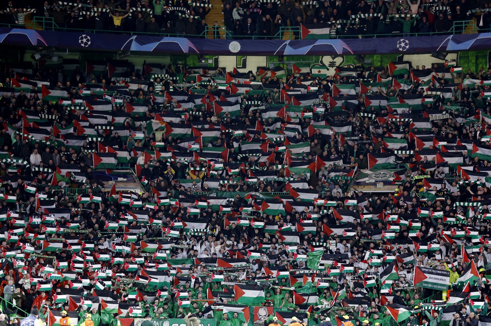 Celtic fans display Palestinian flags in support of Palestine amid the ongoing Israeli attacks on Gaza, before the match, Oct. 25, 2023. (Reuters Photo)