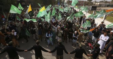 Supporters of the Pakistan Markazi Muslim League Party participate in a rally to mark Kashmir Solidarity Day, Peshawar, Pakistan, Feb. 5, 2023. (AP Photo)