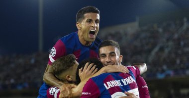Barcelona's striker Ferran Torres (R) jubilates with his teammates after scoring 1-0 during their UEFA Champions League Group H soccer match between FC Barcelona and Shaktar Donetsk at Montjuic stadium in Barcelona, Catalonia, Spain, Oct. 25, 2023. (EPA Photo)