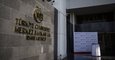 The logo of the Central Bank of the Republic of Türkiye (CBRT) at the entrance of the bank's headquarters in the capital Ankara, Türkiye, Oct. 28, 2020. (AA Photo)