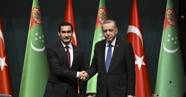 President Recep Tayyip Erdoğan and Serdar Berdimuhamedow, chairman of the People&#039;s Council of Turkmenistan shake hands in Ankara, Oct. 26, 2023. (AA Photo)
