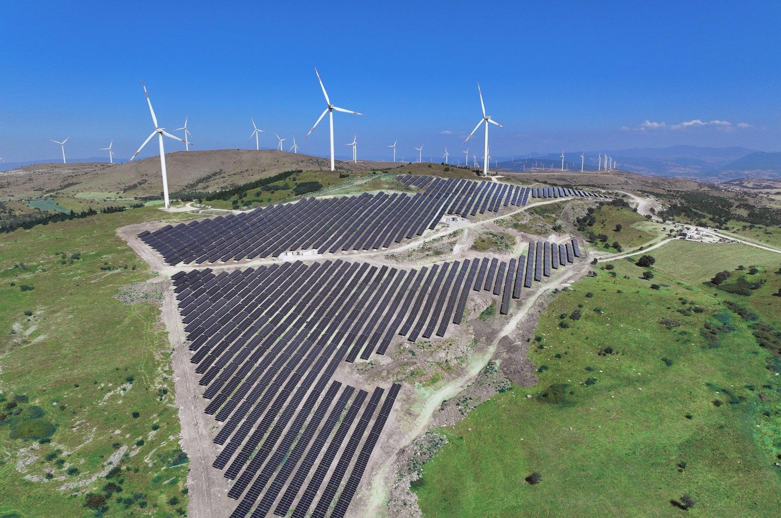 An aerial view of a wind power plant operated by Enerjisa, Balıkesir, Türkiye, Oct. 5, 2023. (IHA Photo)