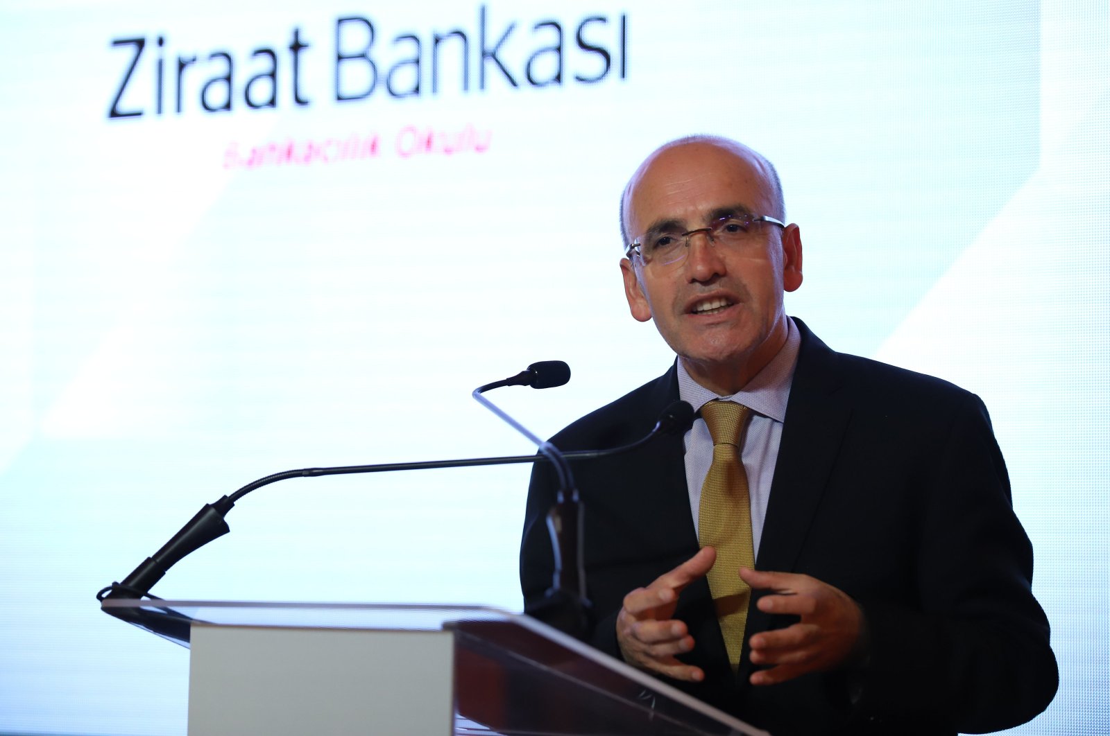 Treasury and Finance Minister Mehmet Şimşek delivers a speech in the capital Ankara, Türkiye, Oct. 2, 2023. (AA Photo9