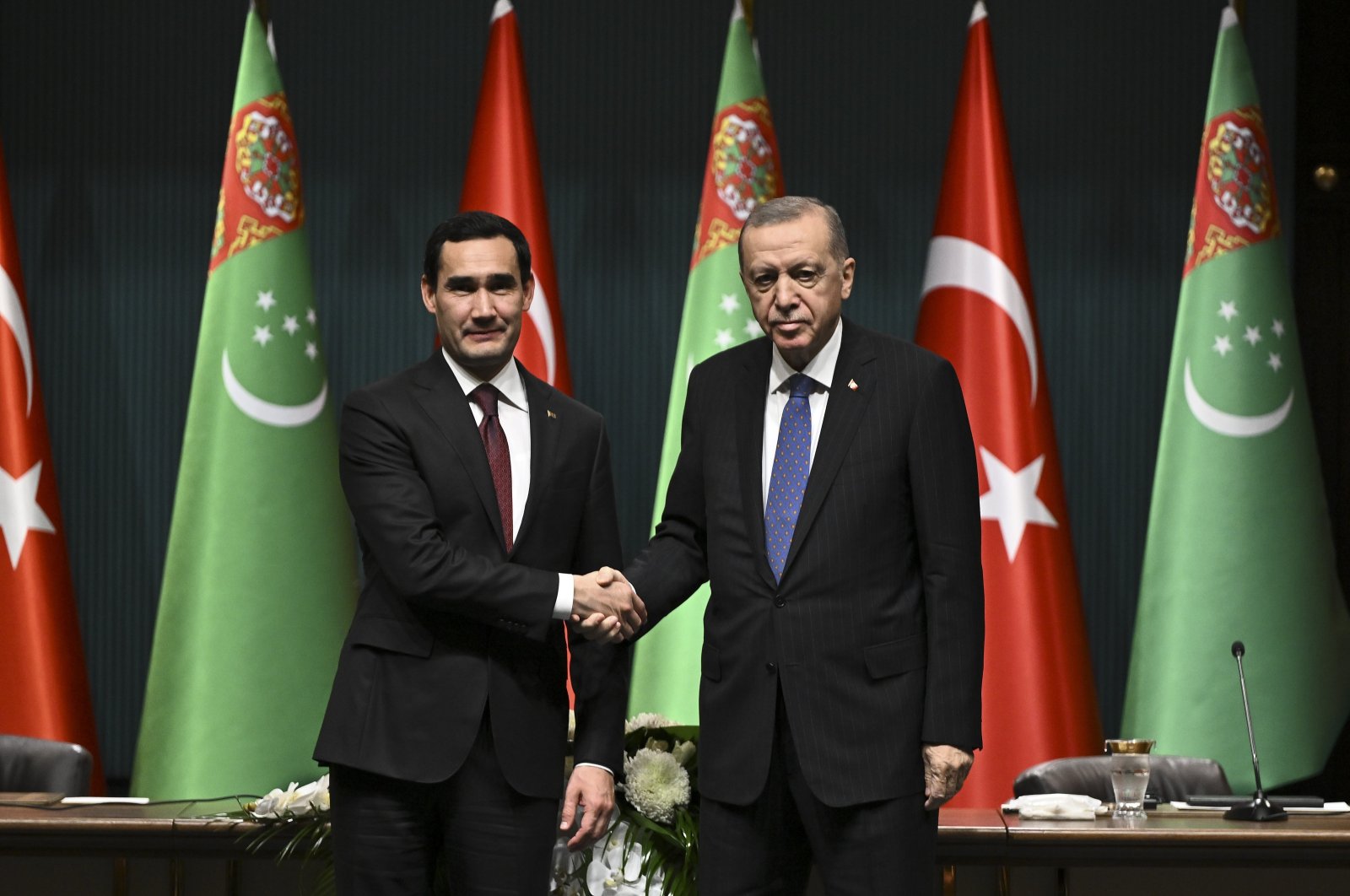 President Recep Tayyip Erdoğan and Serdar Berdimuhamedow, chairman of the People&#039;s Council of Turkmenistan shake hands in Ankara, Oct. 26, 2023. (AA Photo)