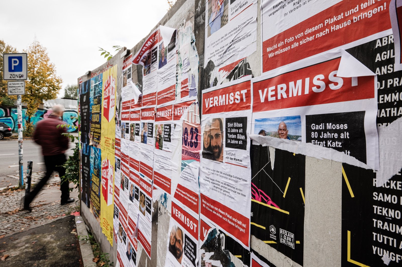  Flyers showing currently missing people who were kidnapped by Hamas in Israel, are pasted on a wall at a construction site in Berlin, Germany, Oct. 25, 2023. (EPA Photo)