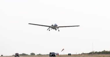 A Bayraktar TB3 combat drone takes off from the Çorlu Flight Training and Test Center, Tekirdağ, northwestern Türkiye, Oct. 27, 2023. (IHA Photo)