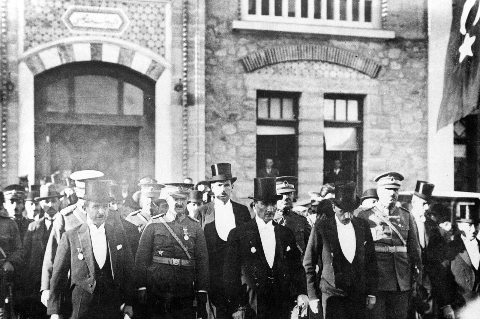 President Mustafa Kemal Atatürk (C) leaves Parliament to attend Republic Day celebrations, in the capital Ankara, Türkiye, Oct. 30, 1930. (AA Photo)