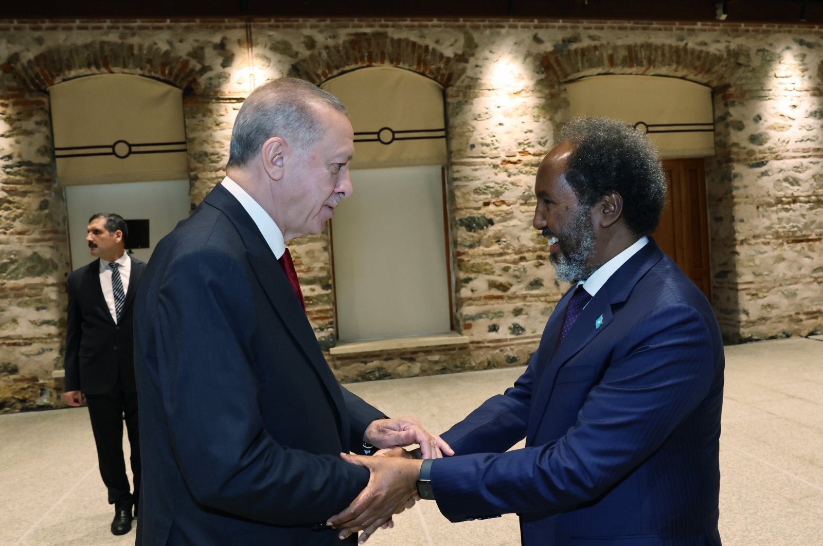 President Recep Tayyip Erdoğan shakes hands with Somalia&#039;s President Hassan Sheikh Mohamud as they meet in Istanbul, Türkiye, Oct. 27, 2023. (AA Photo)