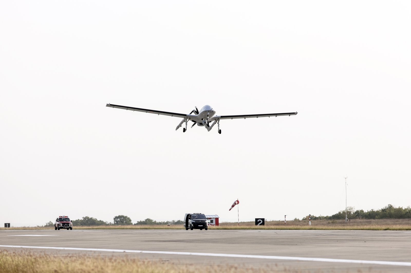 A Bayraktar TB3 combat drone takes off from the Çorlu Flight Training and Test Center, Tekirdağ, northwestern Türkiye, Oct. 27, 2023. (IHA Photo)