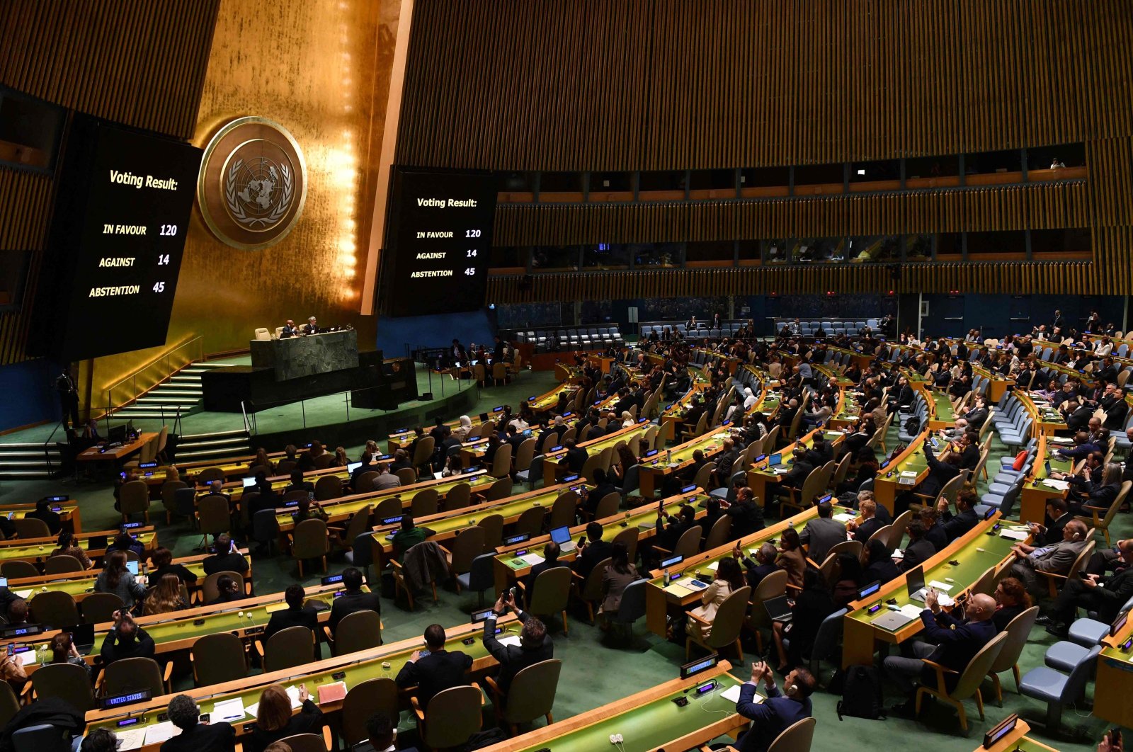 The UN General Assembly votes for an &quot;immediate humanitarian truce&quot; in Gaza, as Israel attacks on the Strip raged for a 21st day at the UN in New York, U.S., Oct. 27, 2023. (AFP Photo)