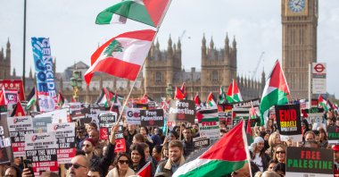 People gather for a National March for Palestine organized by the Palestine Solidarity Campaign in London, U.K., Oct. 28, 2023. (EPA Photo)