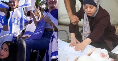 This photo combination shows supporters waving Israeli flags from passing vehicles during a pro-Israel rally in Los Angeles, Oct. 10 (L) and a Palestinian woman mourning children killed in an Israeli bombardment of Gaza on Oct. 21 (R) (AP Photos)