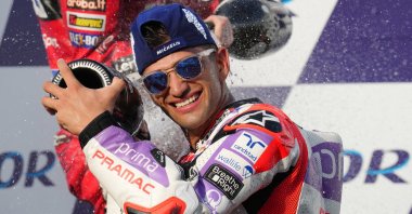 Prima Pramac Racing&#039;s Jorge Martin celebrates on the podium after winning the Thailand MotoGP, Buriram, Thailand, Oct. 29, 2023. (Reuters Photo)