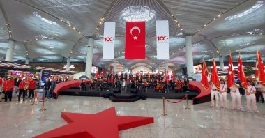 Istanbul Airport&#039;s terminal is adorned with Turkish flags on Republic Day, Istanbul, Türkiye, Oct. 29, 2023. (DHA Photo)