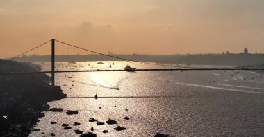 Aerial view of ships passing Istanbul Strait during a ceremony for the "100 Ships in the 100th Year" parade, Istanbul, Türkiye, Oct. 29, 2023. (IHA Photo)