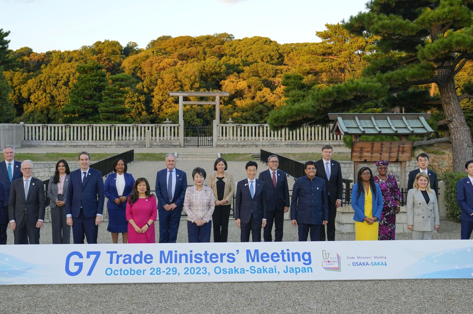 Participants including Japan&#039;s Minister of Economy, Trade and Industry Yasutoshi Nishimura and Foreign Minister Yoko Kamikawa in a family photo session at the G-7 Trade Ministers&#039; Meeting at Daisen-ryo Kofun (Tomb of Emperor Nintoku) in Sakai, Osaka, Japan, Oct. 28, 2023. (Kyodo via Reuters)