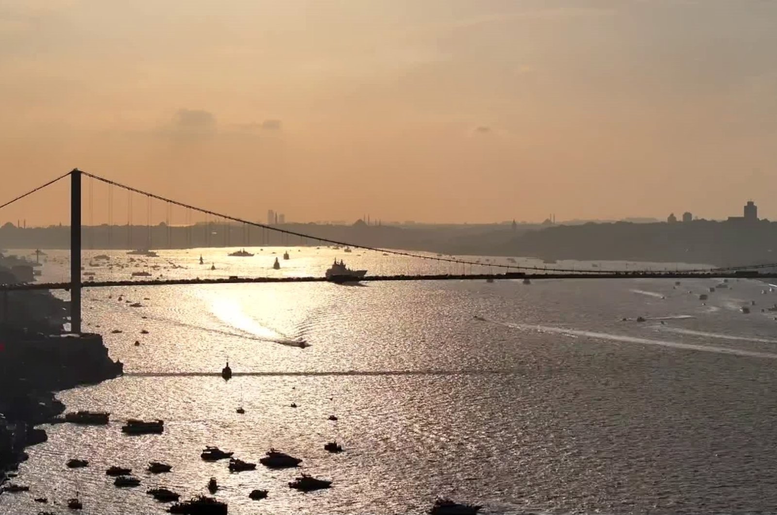 Aerial view of ships passing Istanbul Strait during a ceremony for the "100 Ships in the 100th Year" parade, Istanbul, Türkiye, Oct. 29, 2023. (IHA Photo)