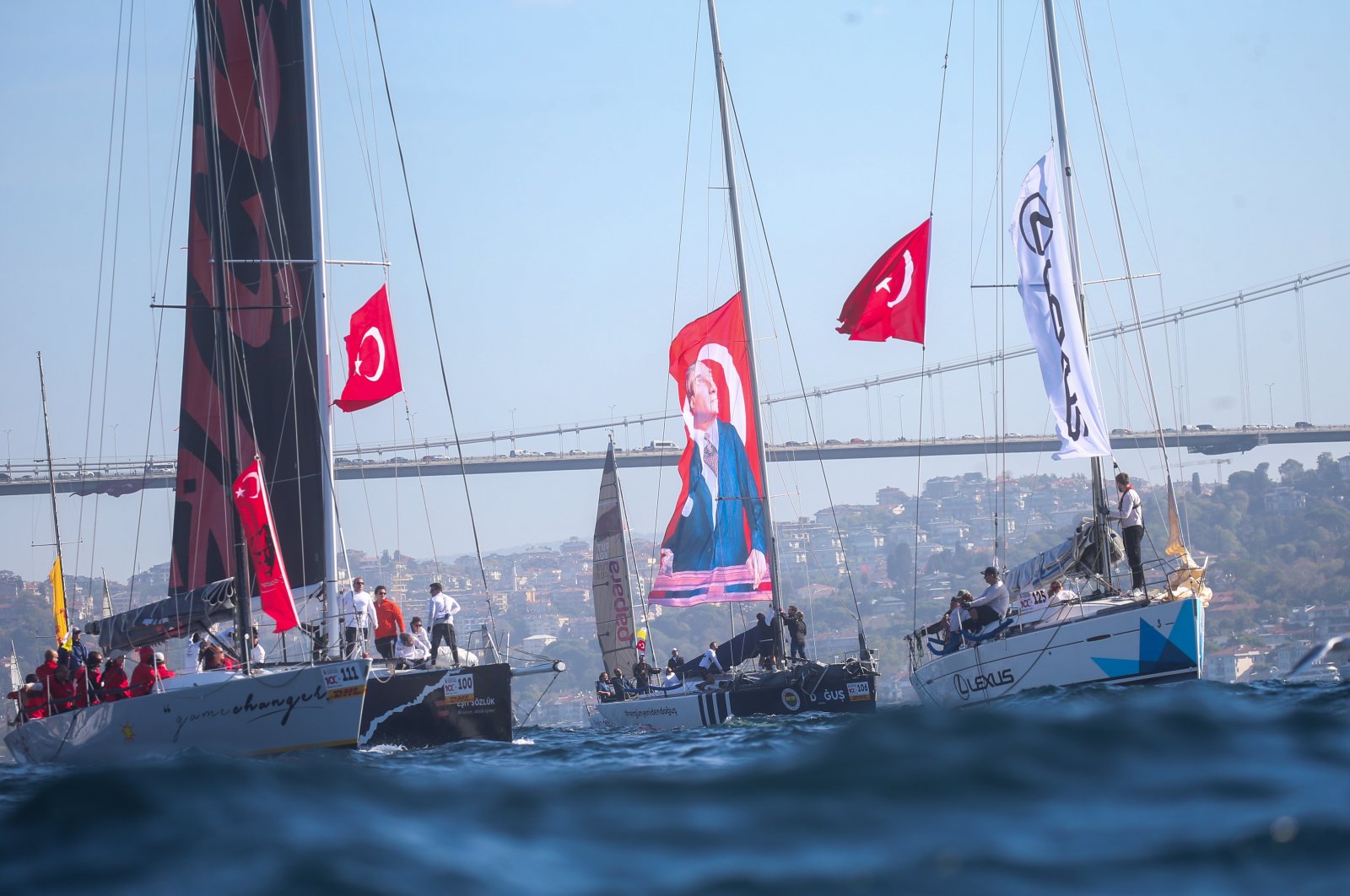 The event&#039;s Istanbul leg painted a vibrant spectacle with nearly hundred sailboats fiercely cutting through the Bosporus in Istanbul, Türkiye, Oct. 29, 2023. (Photo Courtesy: Istanbul Offshore Yacht Racing Club)