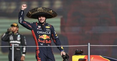 Max Verstappen of the Netherlands and Oracle Red Bull Racing celebrates his win on the podium during the F1 Grand Prix of Mexico at Autodromo Hermanos Rodriguez, Mexico City, Mexico, Oct. 29, 2023. (Getty Images)