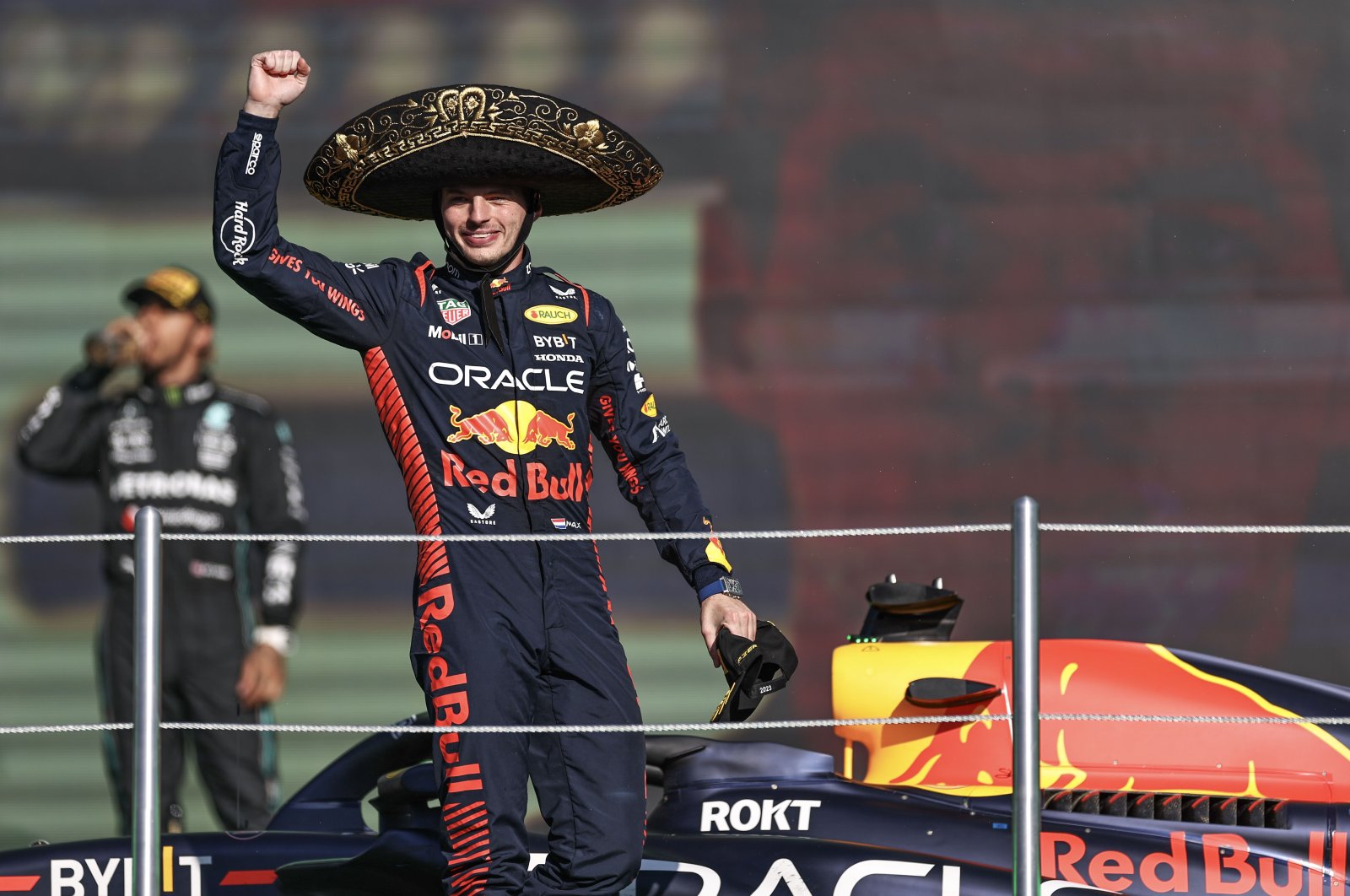 Max Verstappen of the Netherlands and Oracle Red Bull Racing celebrates his win on the podium during the F1 Grand Prix of Mexico at Autodromo Hermanos Rodriguez, Mexico City, Mexico, Oct. 29, 2023. (Getty Images)