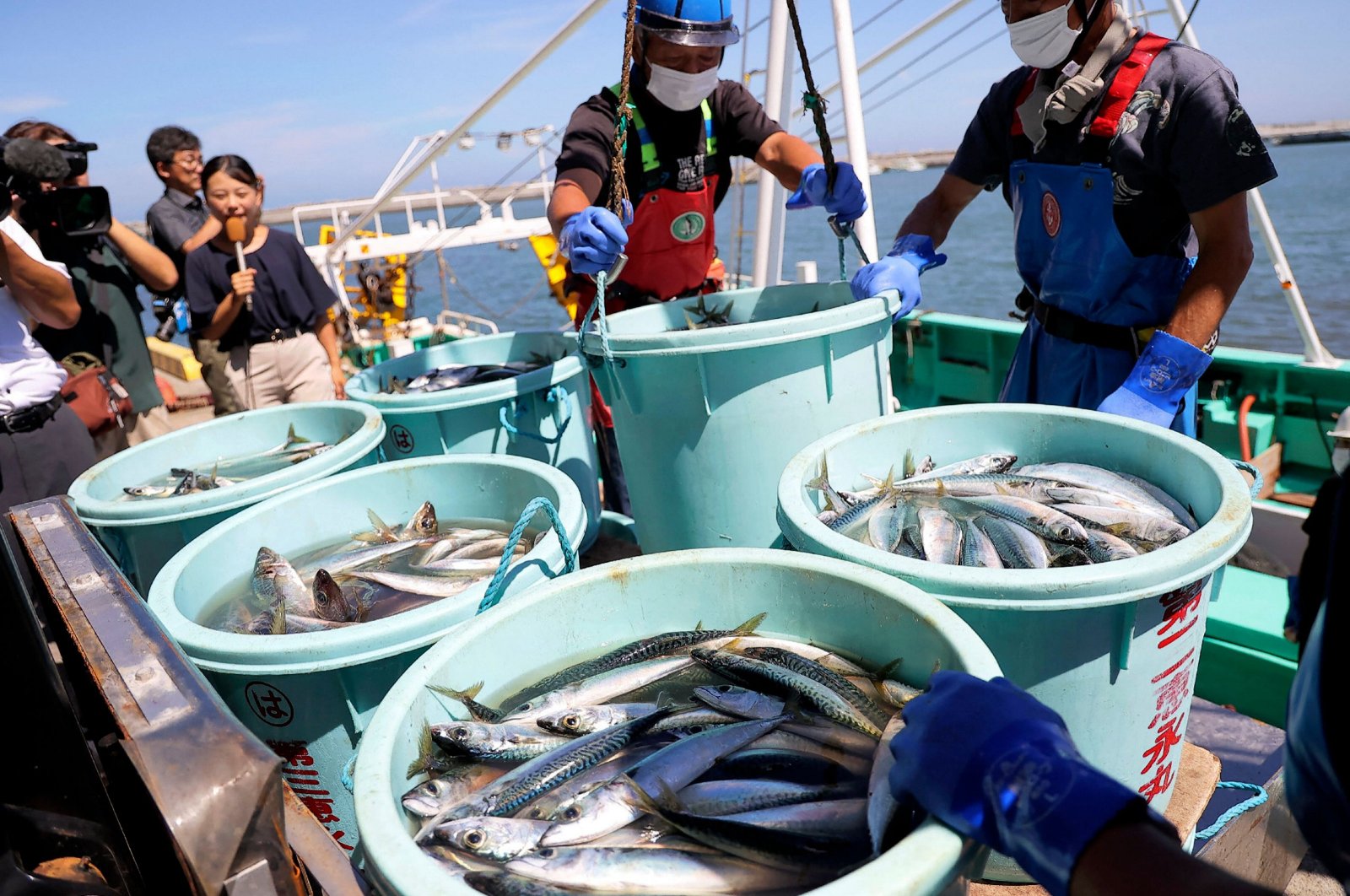 Fishery workers unload seafood caught by offshore fishing trawlers, at Matsukawaura port in Soma, Fukushima prefecture, Japan, Sept. 1, 2023. (AFP Photo)