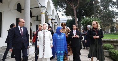 First lady Emine Erdoğan, and her counterparts from other countries are seen in the courtyard of Topkapı Palace in Istanbul, Oct. 31, 2023. (AA Photo)