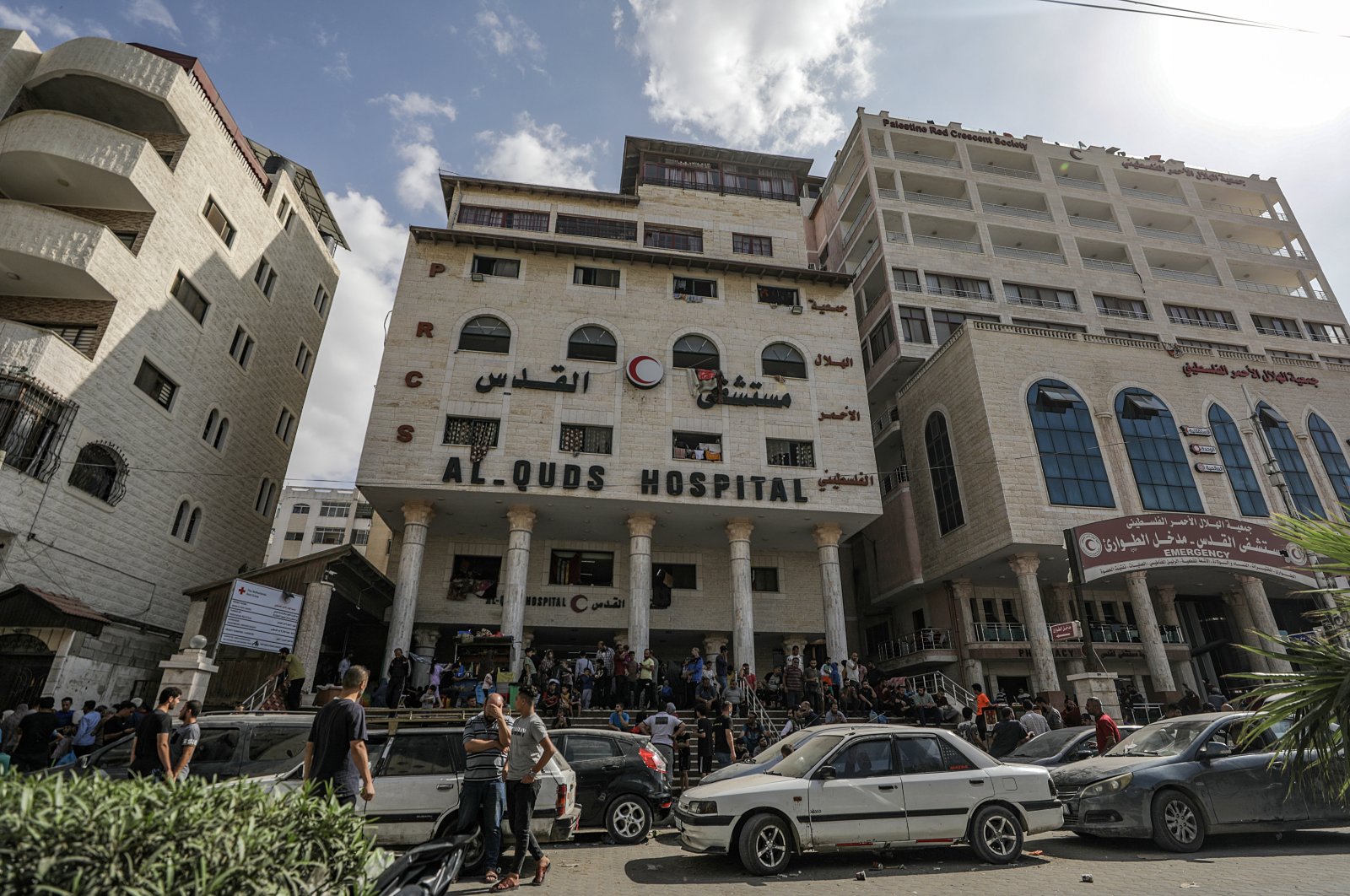 Palestinian families who fled their homes gather on the premises of Al-Quds hospital after Israeli airstrikes on the Tel al-Hawa neighborhood, in Gaza City, Palestine, Oct. 30, 2023. (EPA Photo)